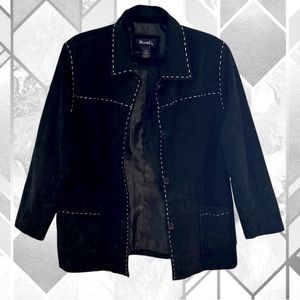 Denim&Co Vintage Genuine Leather Black Suede Western Jacket with White Stitching